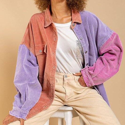 Women's Shirts - Shackets Color Block Oversize Corduroy Button Down Shirts