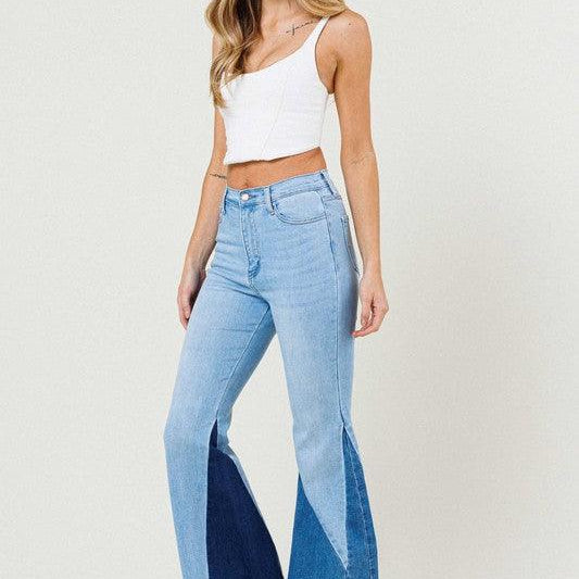 Women's Jeans Color Block Side Slit Flare Jeans