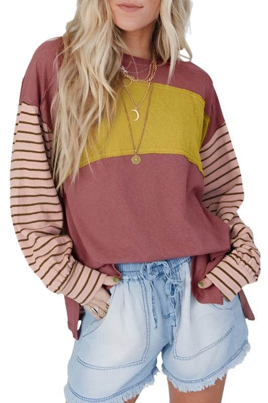 Color Block Stripe Lantern Sleeve Side Slit Tunic - VacationGrabs