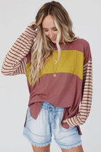 Color Block Stripe Lantern Sleeve Side Slit Tunic - VacationGrabs