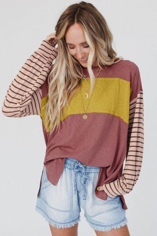 Color Block Stripe Lantern Sleeve Side Slit Tunic - VacationGrabs