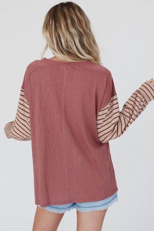 Color Block Stripe Lantern Sleeve Side Slit Tunic - VacationGrabs