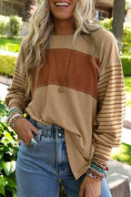 Color Block Stripe Lantern Sleeve Side Slit Tunic - VacationGrabs