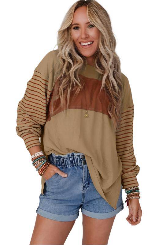 Color Block Stripe Lantern Sleeve Side Slit Tunic - VacationGrabs