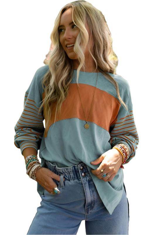 Color Block Stripe Lantern Sleeve Side Slit Tunic - VacationGrabs