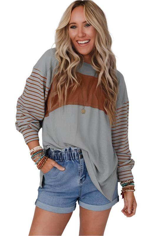 Color Block Stripe Lantern Sleeve Side Slit Tunic - VacationGrabs