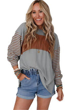 Color Block Stripe Lantern Sleeve Side Slit Tunic - VacationGrabs