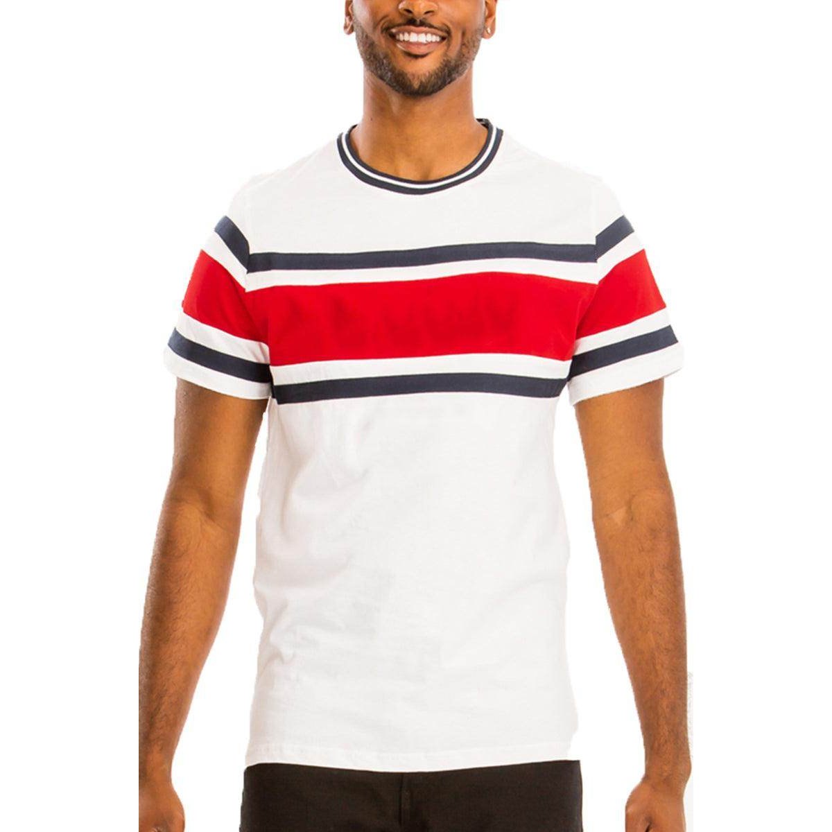 Color block summer shirt men featuring red and navy stripes on a white tee for a casual look