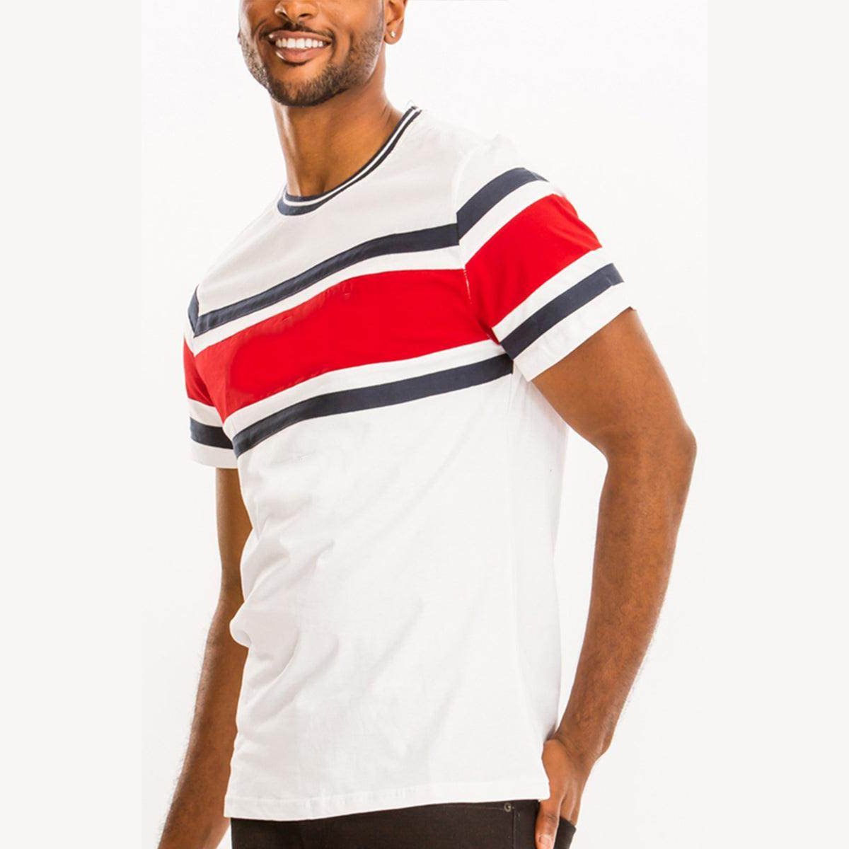 Color block summer shirt men with red and navy stripes on a white background for a stylish look
