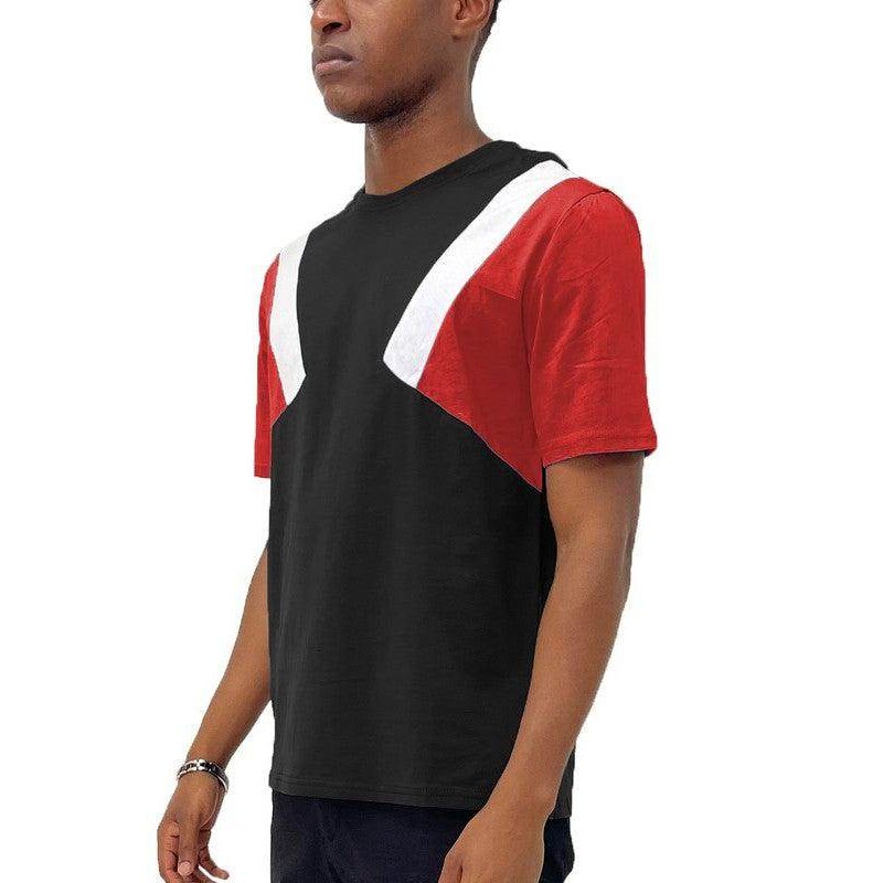 WEIV color block t-shirt men featuring a stylish design with black, red, and white color accents