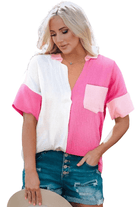 Women's Shirts Color Block Textured Johnny Collar Blouse