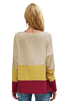 Women's color block top in beige, yellow, and burgundy for casual wear