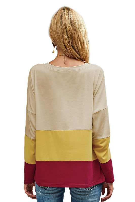 Women's color block top in beige, yellow, and burgundy for casual wear