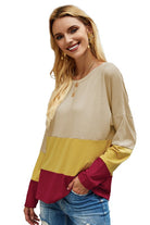 Women's color block top in beige, yellow, and burgundy for casual wear