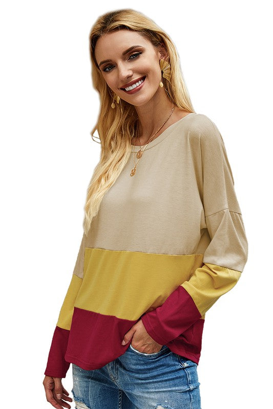 Women's color block top in beige, yellow, and burgundy for casual wear