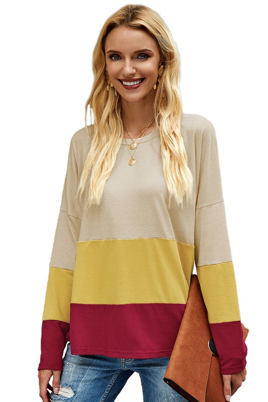Women's color block top in beige, yellow, and burgundy, casual style