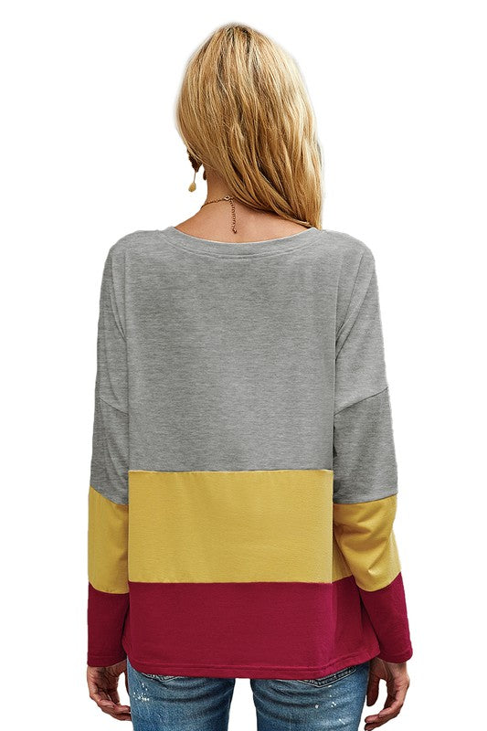 Women's color block top in gray, yellow, and maroon for casual wear