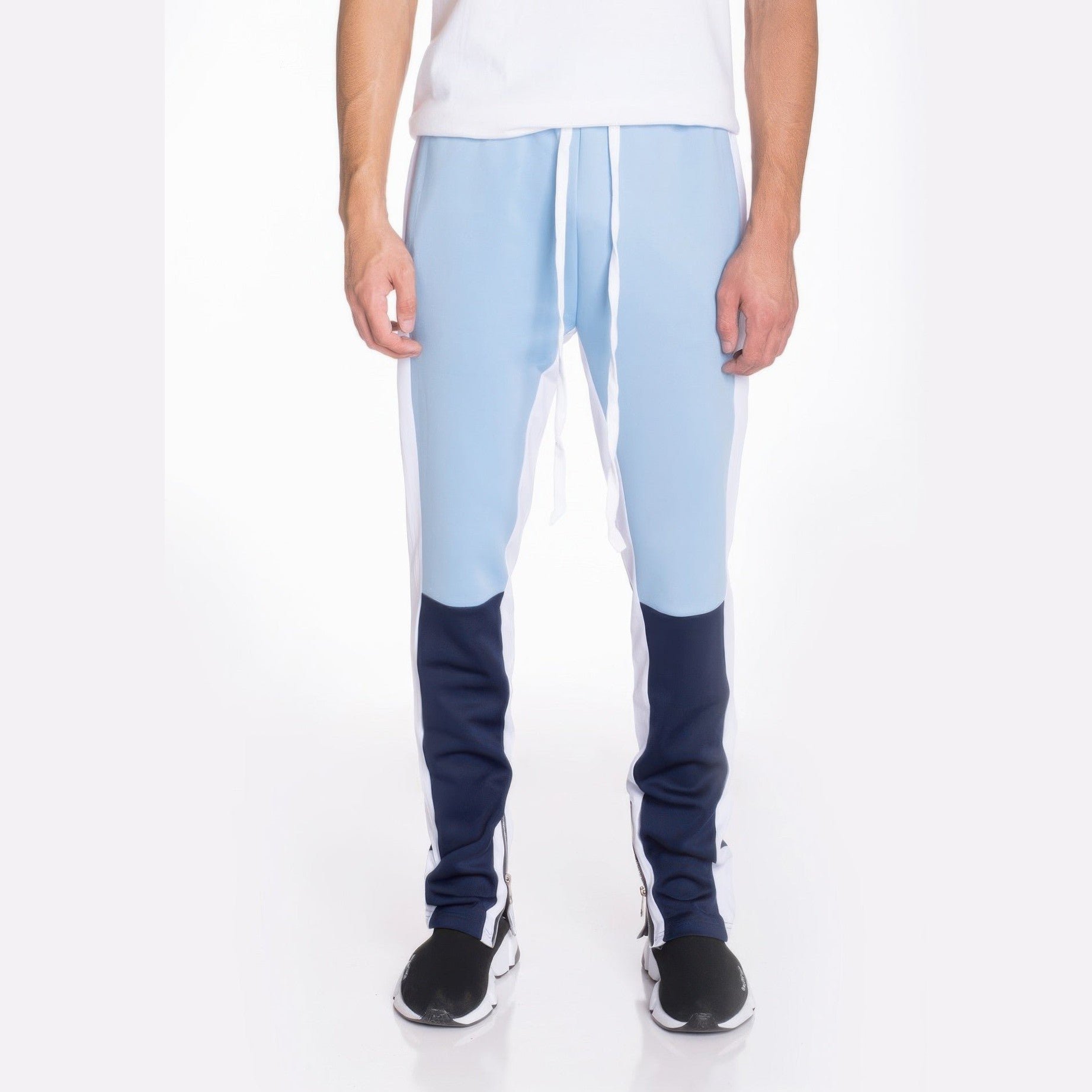 Color block track pants men in blue and navy with a comfortable fit and drawstring waist