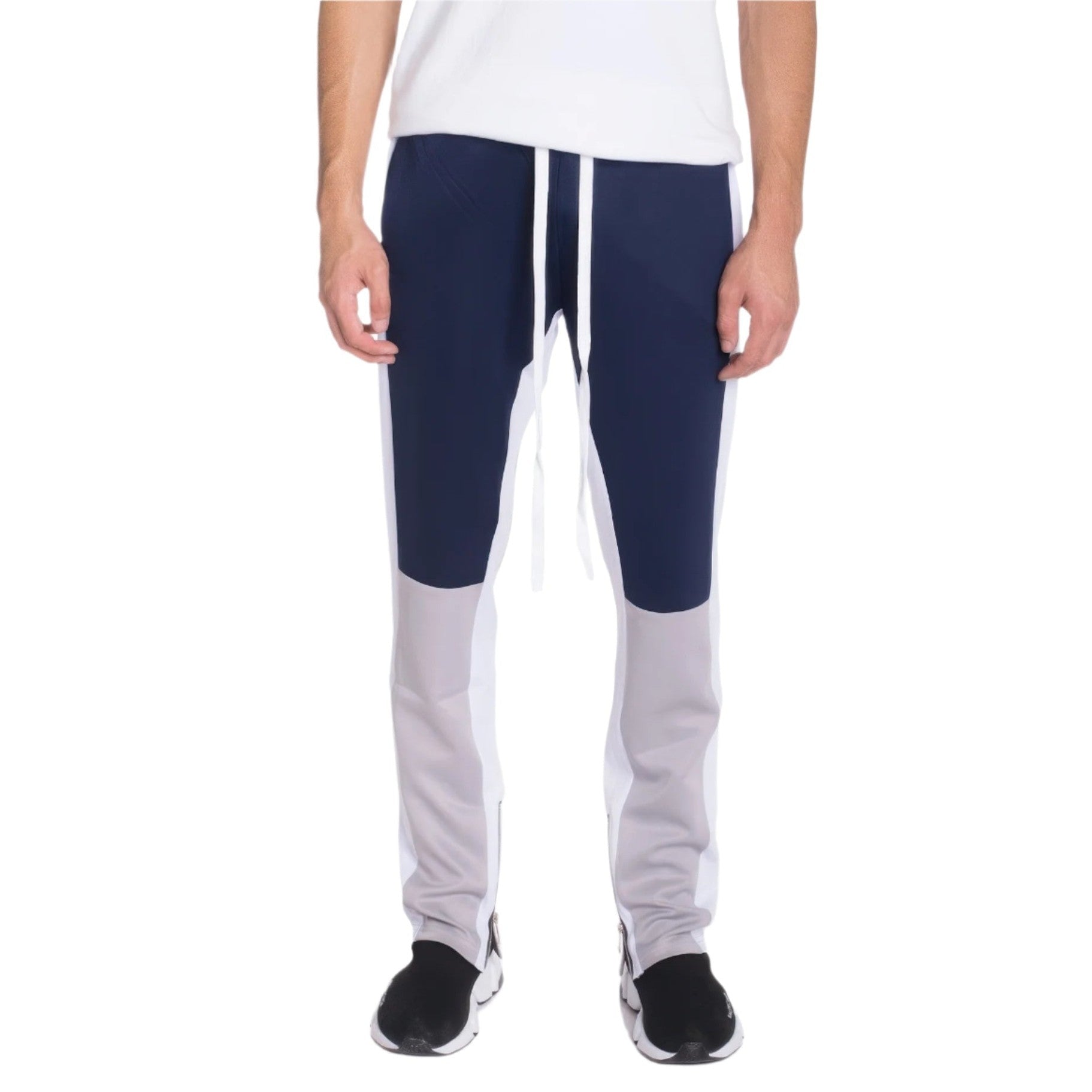 Color block track pants men in navy and grey with adjustable drawstring and tapered fit