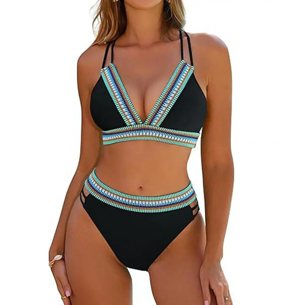Color block two piece bikini set in black and blue for beachwear