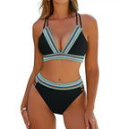 Color block two piece bikini set in black and blue for beachwear