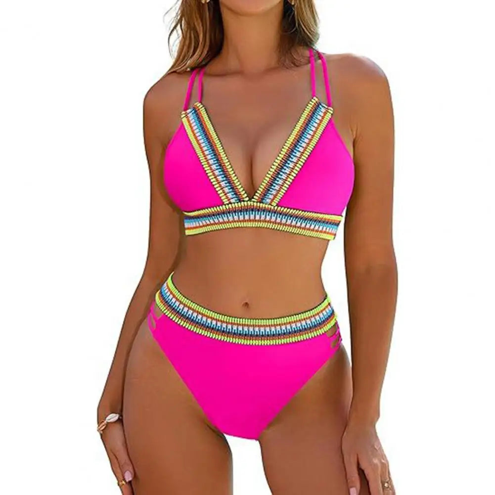 Pink color block two piece bikini set for beach outings