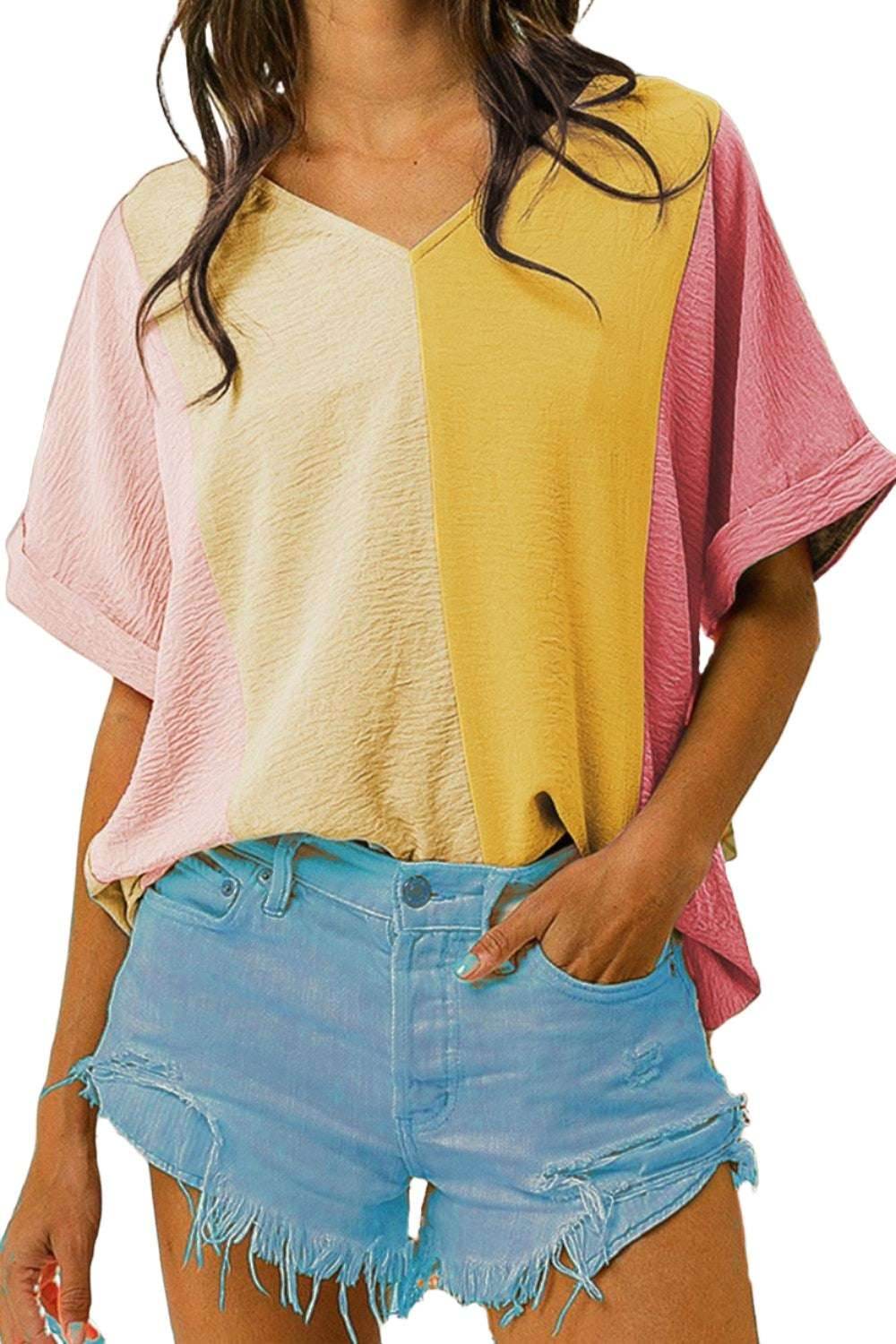 Color Block V-Neck Half Sleeve T-Shirt - VacationGrabs