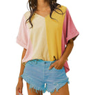 Color Block V-Neck Half Sleeve T-Shirt - VacationGrabs