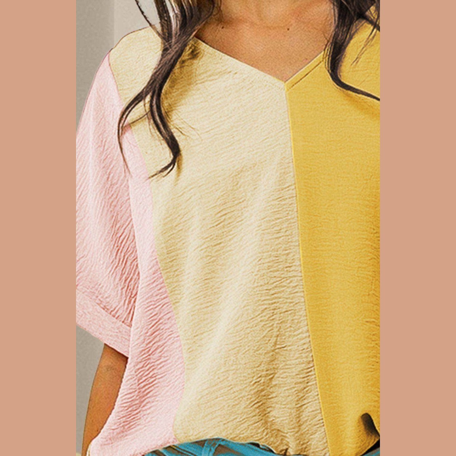 Color Block V-Neck Half Sleeve T-Shirt - VacationGrabs