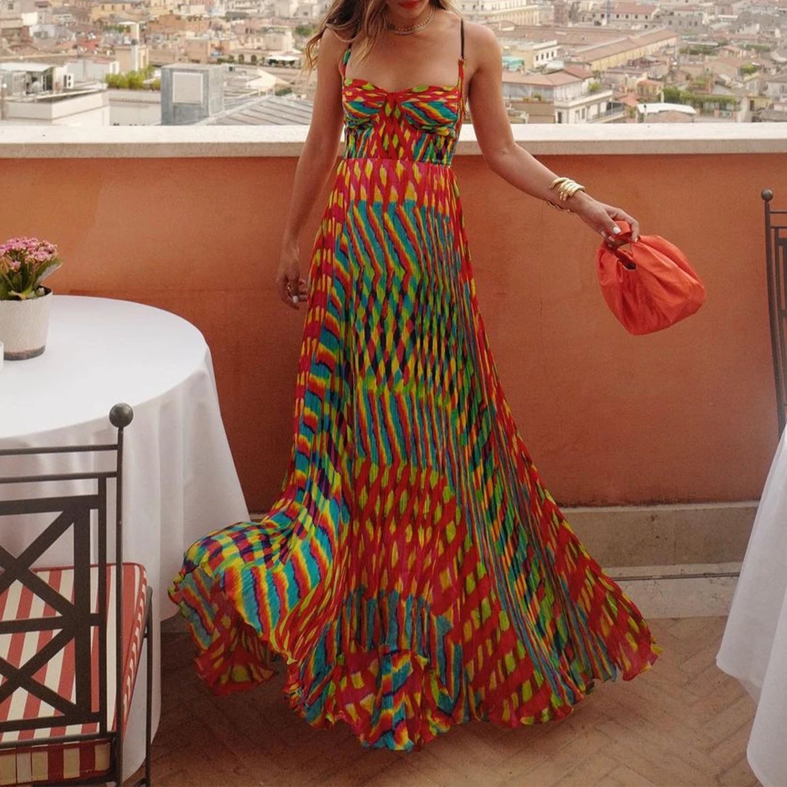 Women's colorful patterned sleeveless maxi dress, perfect for summer outings