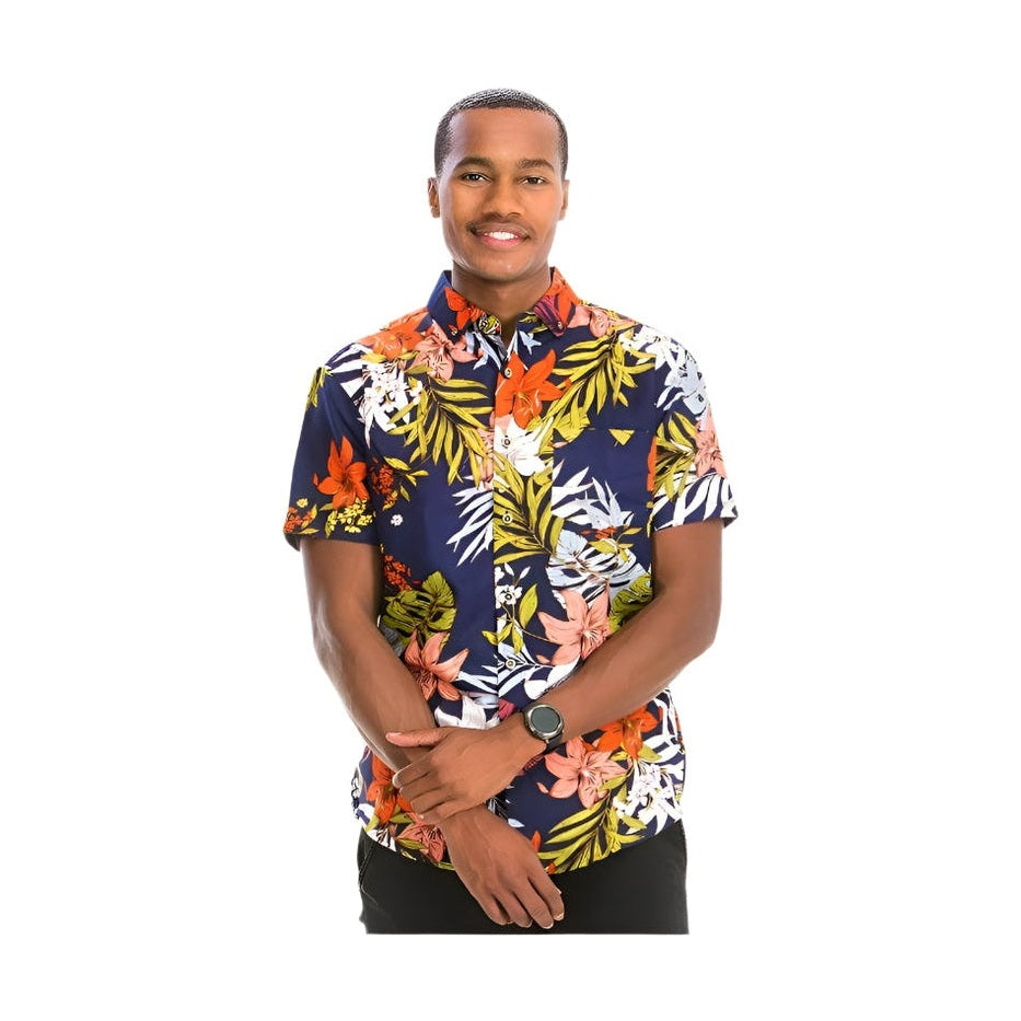 Men's WEIV colorful button down shirt with vibrant floral patterns for a casual summer look