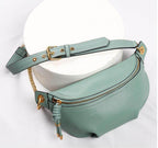 Stylish mint green colorful leather fanny packs with gold accents and zipper compartments