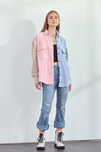 Colorful oversized shirt for women by Jade By Jane styled with distressed jeans and white boots