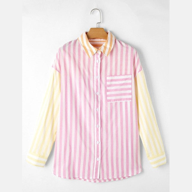 YNIQUE colorful patchwork shirt for women with pink, yellow, and white vertical stripes and front pocket