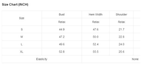 Size chart for YNIQUE women's shirts showing bust, hem width, and shoulder measurements in inches