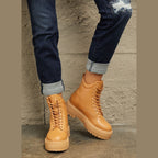 Women's tan combat boots, faux leather, stylish and trendy