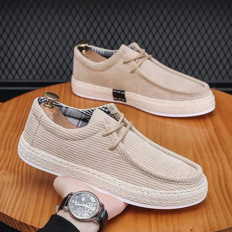 beige corduroy slip-on shoes, comfortable and stylish for casual outings
