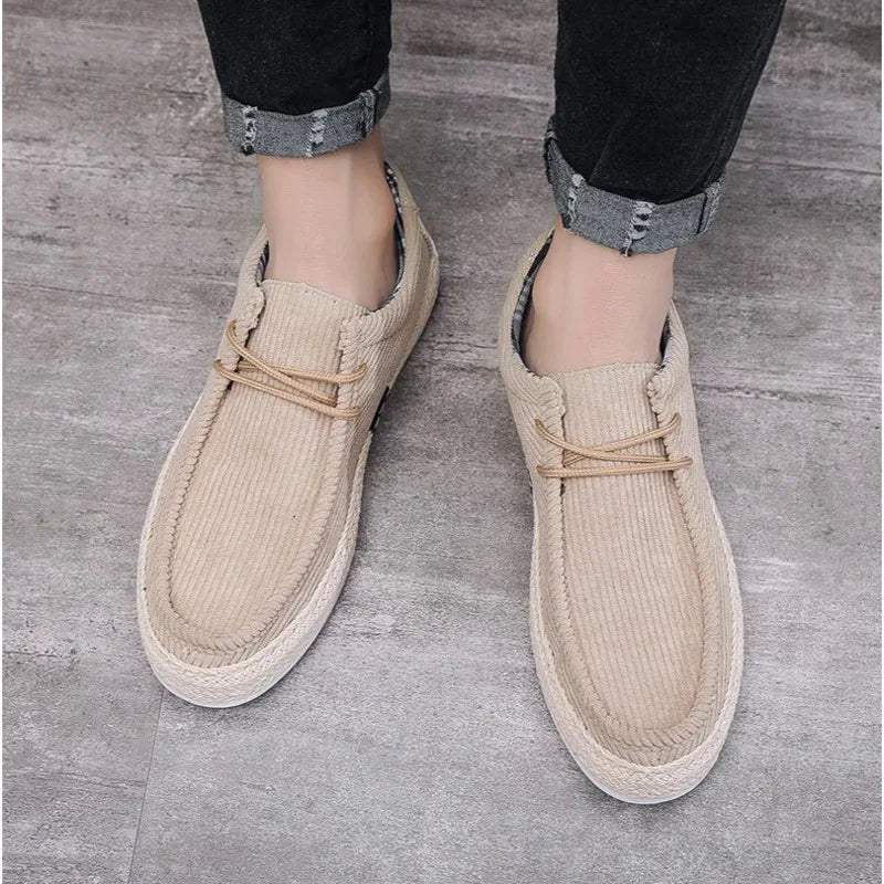 Beige corduroy slip-on shoes, comfortable and stylish for casual wear