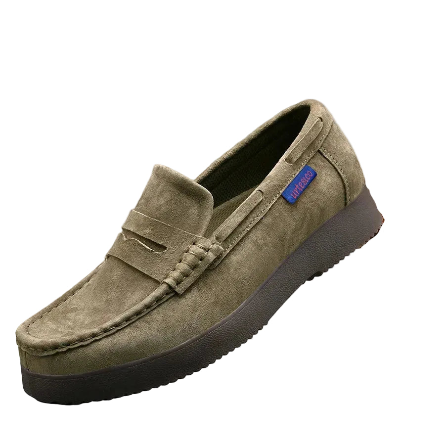 Men's olive suede loafers, comfortable and stylish for casual outings