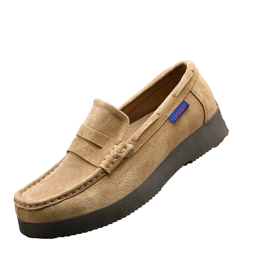 Tan casual loafers, suede material, comfortable and stylish for everyday wear