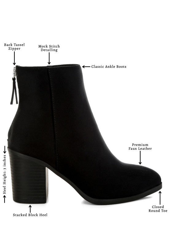 Rag Company Comfortable Ankle Boots for Travel with Back Tassel Zipper and Stacked Block Heel