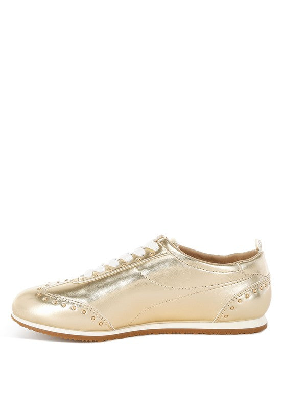 Women's gold sneakers, comfortable cushiony flat walking shoes
