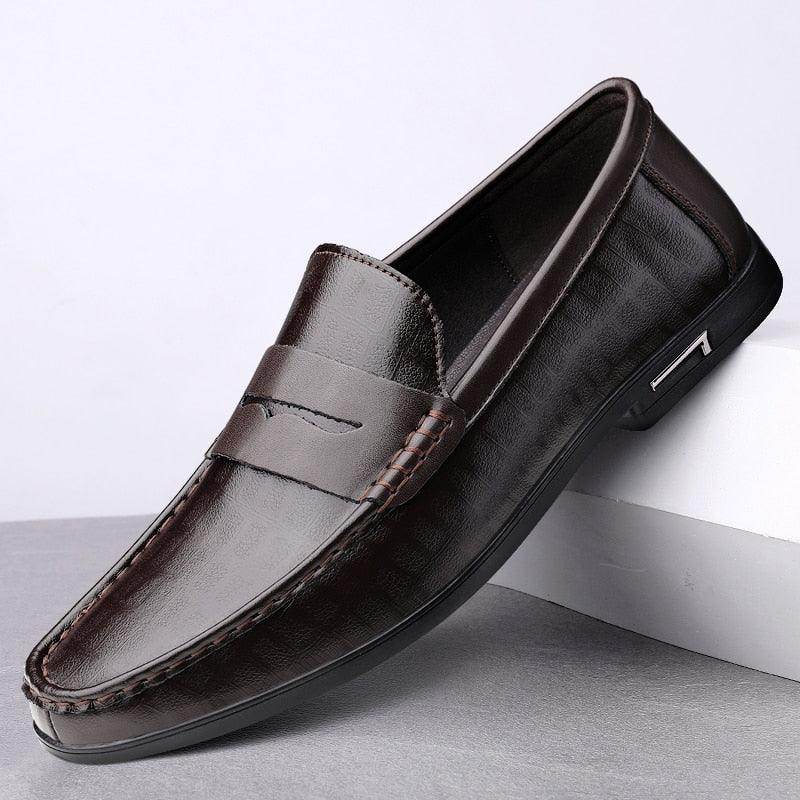 Brown leather comfortable office loafers men with slip-on design and stylish detailing