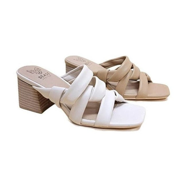 Let's See Style Comfortable slide sandals in white and beige with stylish wrapped design and block heels