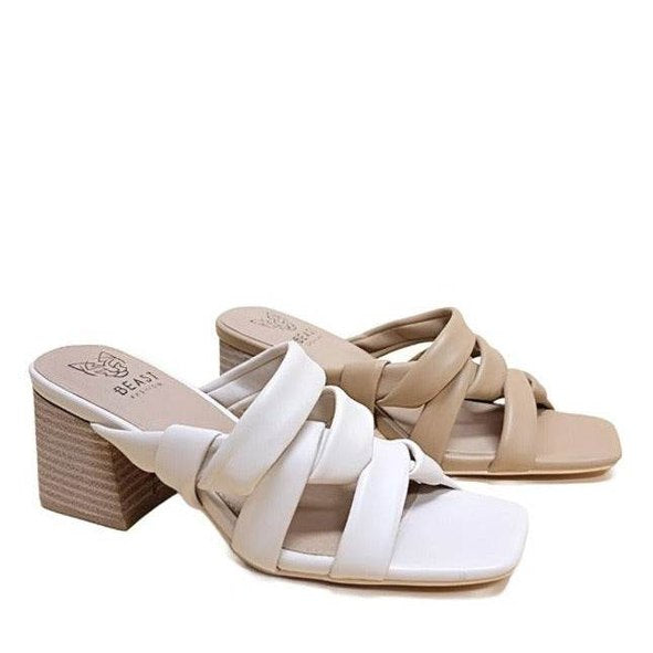 Let's See Style Comfortable slide sandals in white and beige with stylish wrapped design and block heels