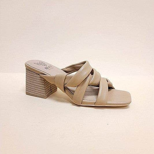 Beige comfortable slide sandals with stylish crisscross straps and block heel for versatile wear