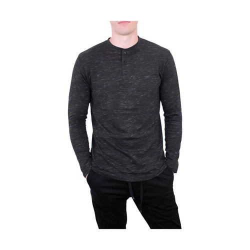 Generation XYZ men's comfortable travel Henley shirt in dark gray with long sleeves and button detail