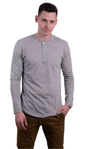 Generation XYZ men's comfortable travel Henley shirt in light gray with long sleeves and button placket