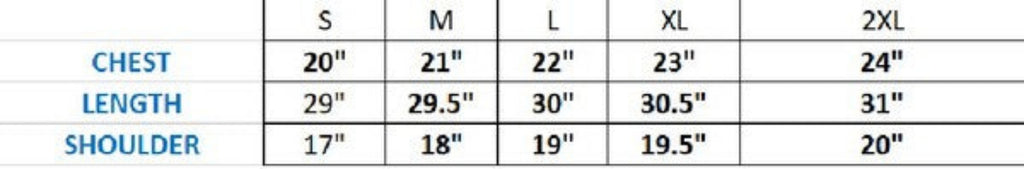 Size chart showing chest, length, and shoulder measurements for men's shirts from Generation XYZ