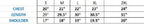 Size chart showing chest, length, and shoulder measurements for men's shirts from Generation XYZ